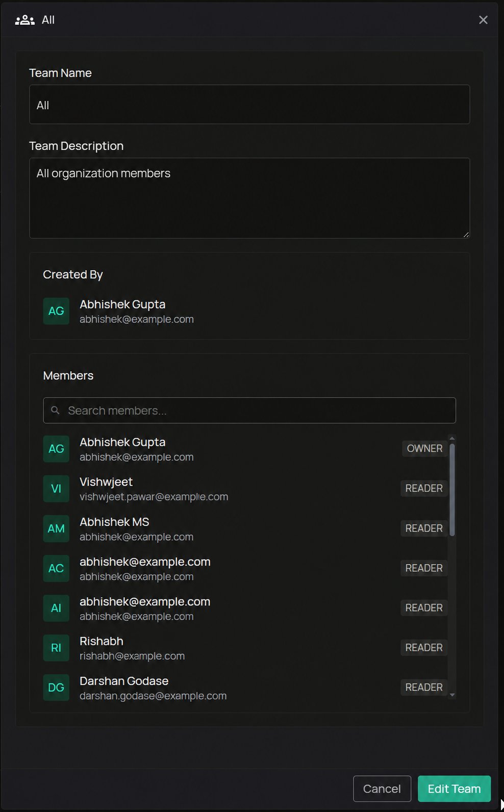 Teamdetails mit Informationen und Mitgliedern