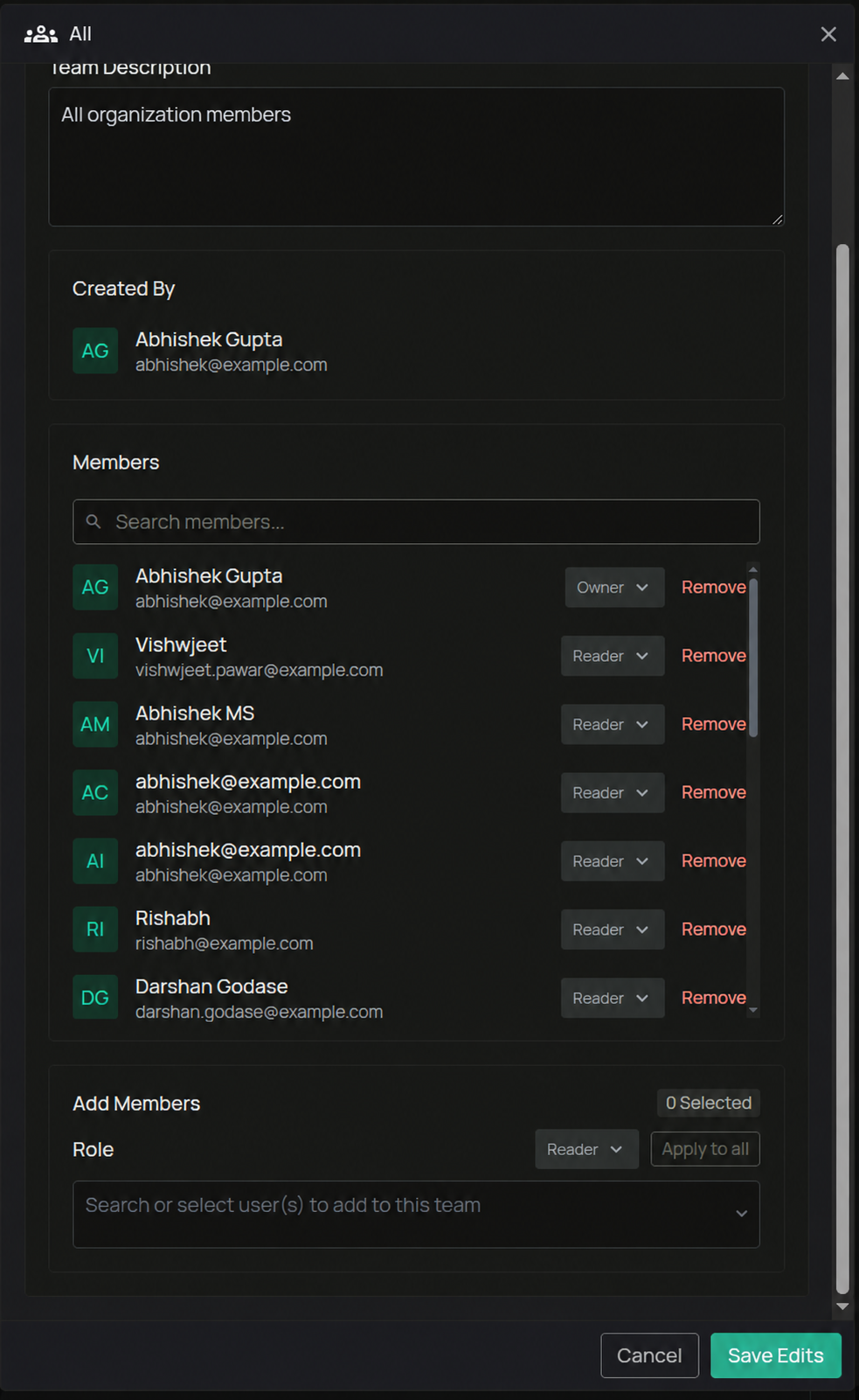 Teamdetails im Bearbeitungsmodus mit Mitgliedern und Rollen