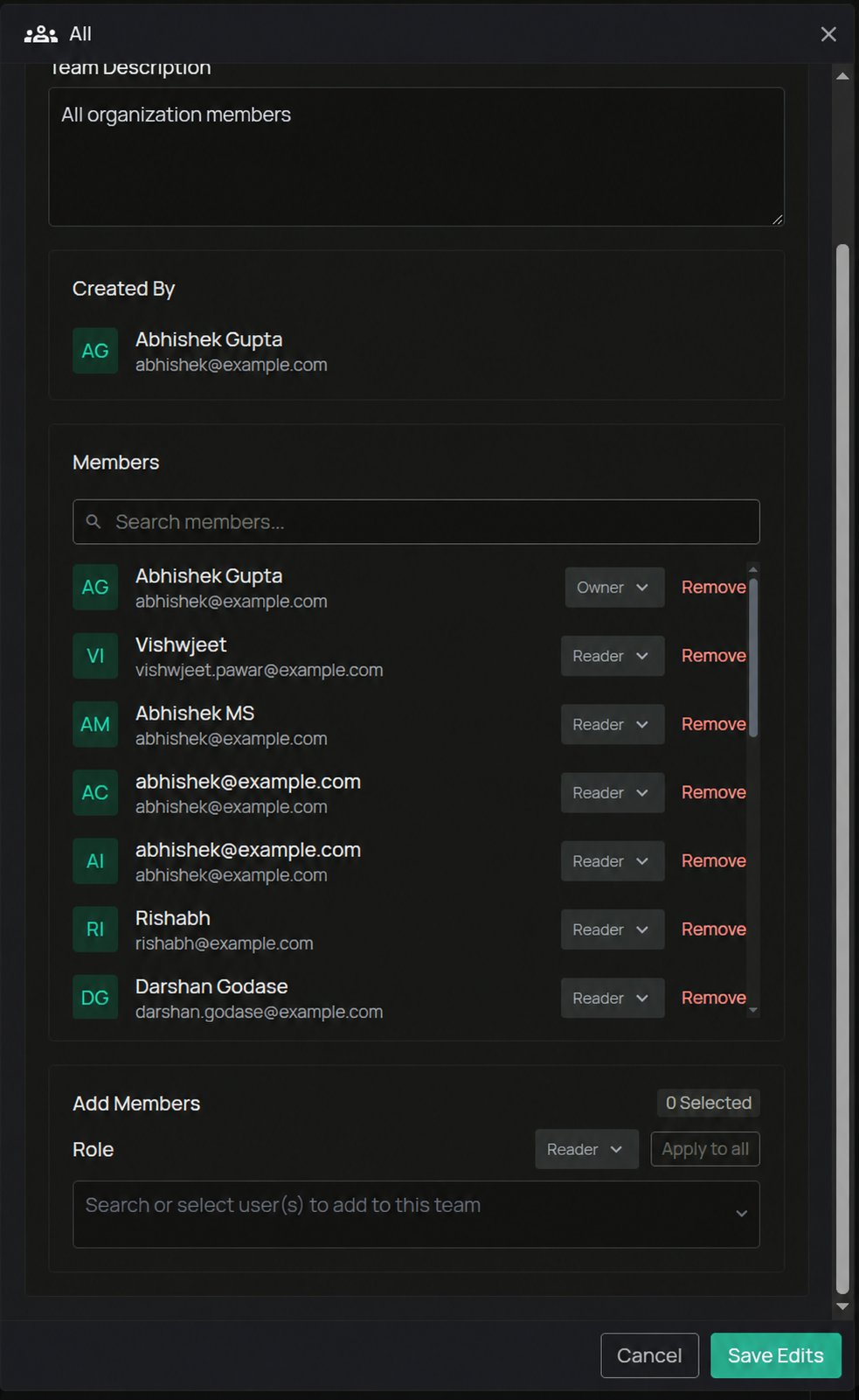 Teamdetails im Bearbeitungsmodus mit Mitgliedern und Rollen