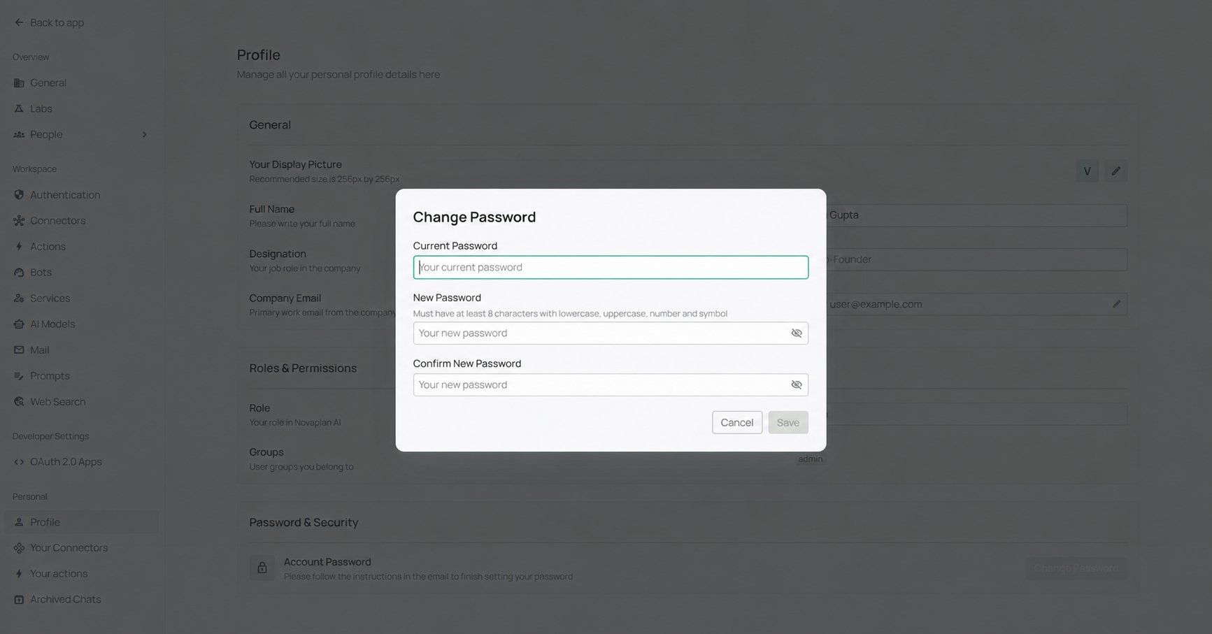 Change password from the user profile