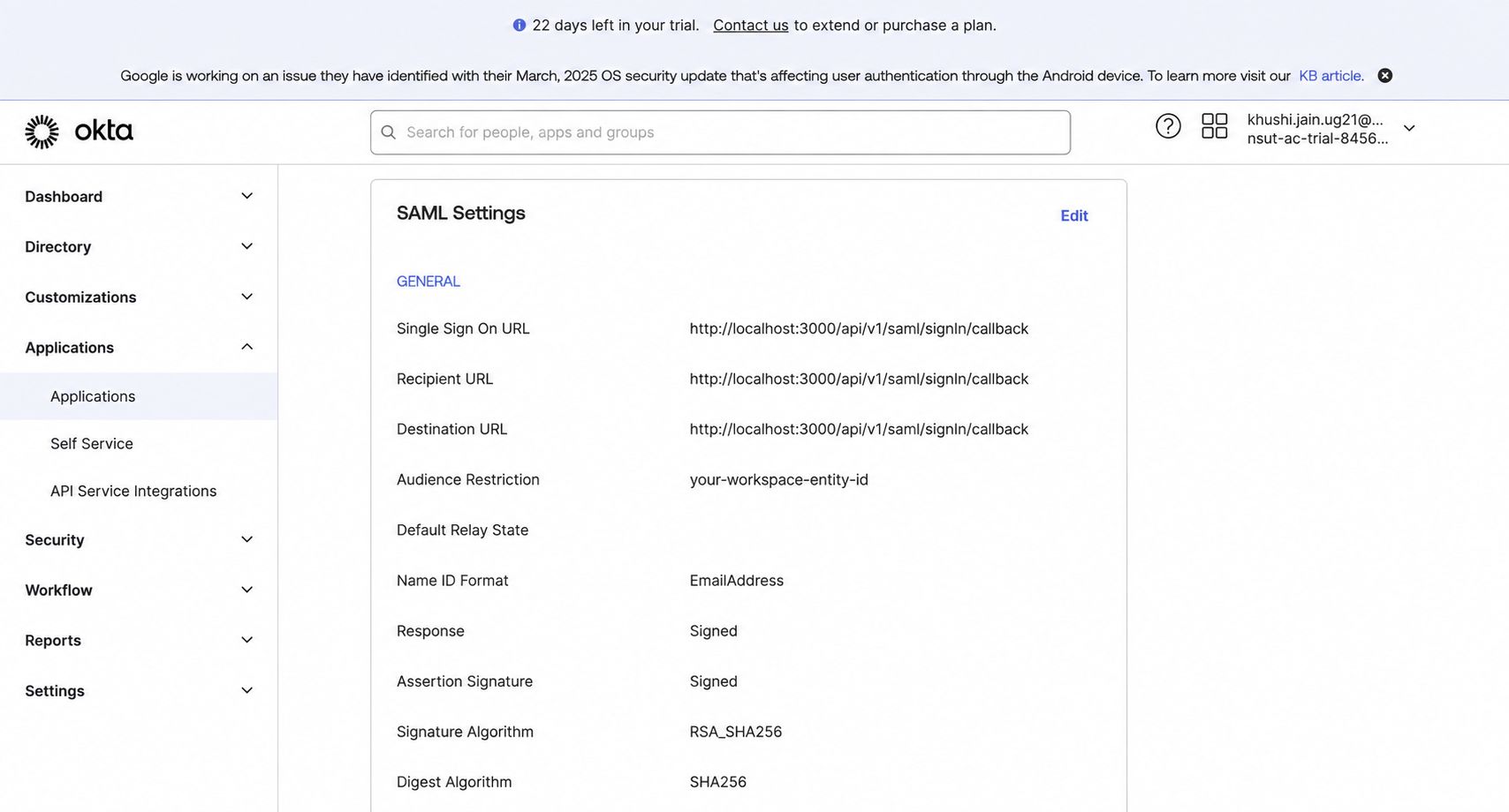 SAML-ACS-URL in Okta konfigurieren