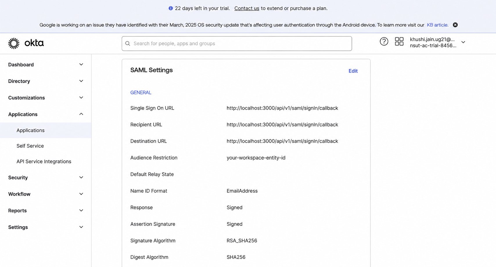 SAML-ACS-URL in Okta konfigurieren