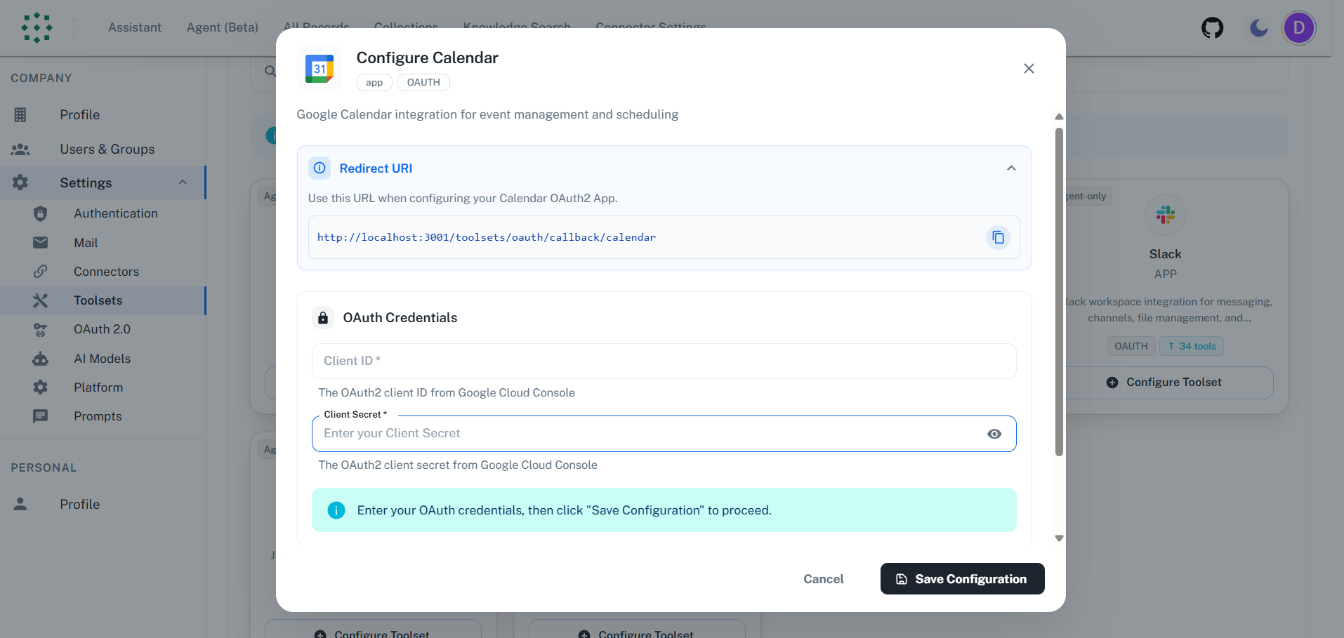 Redirect URI für das Google Calendar Toolset kopieren
