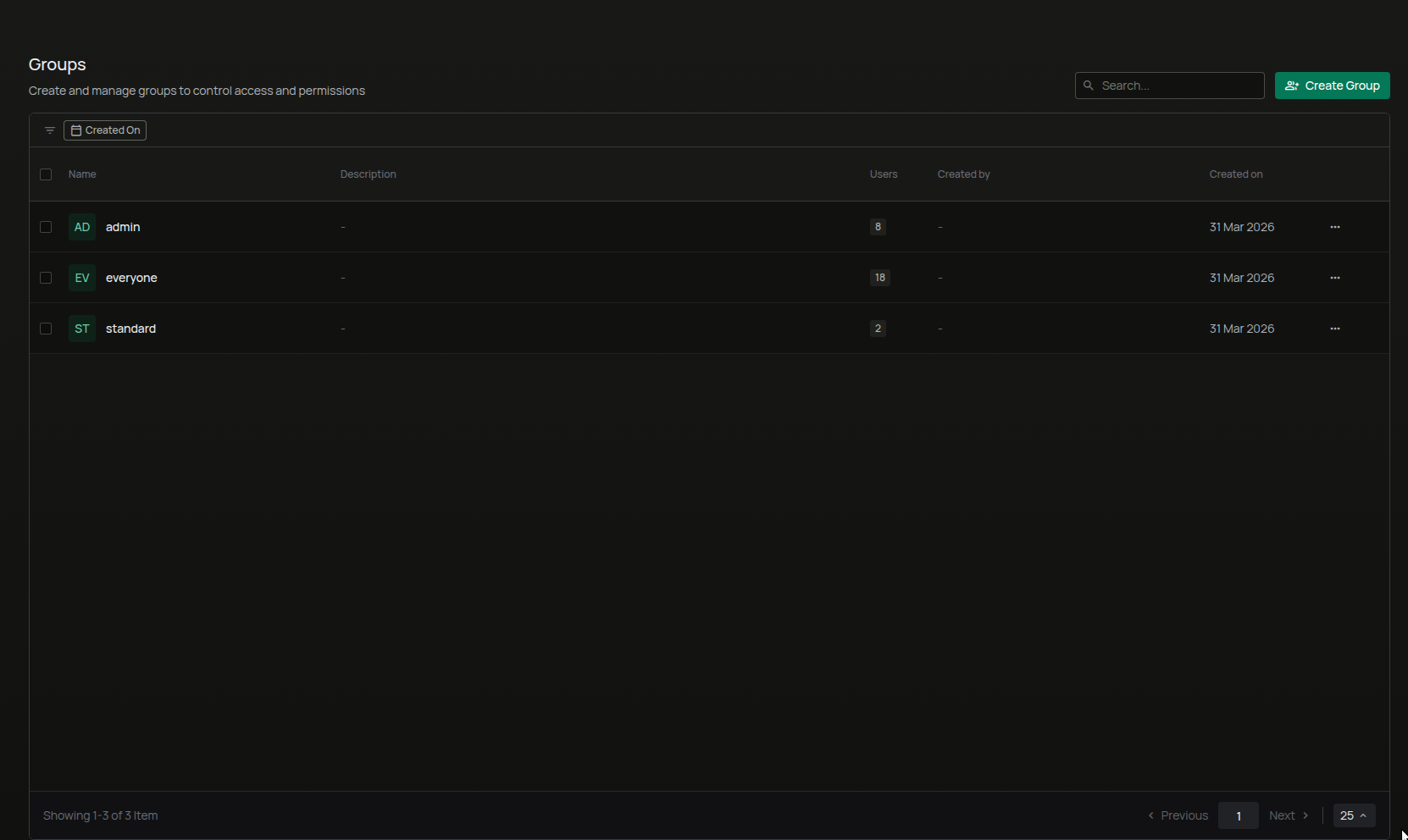 Groups list with Create Group button