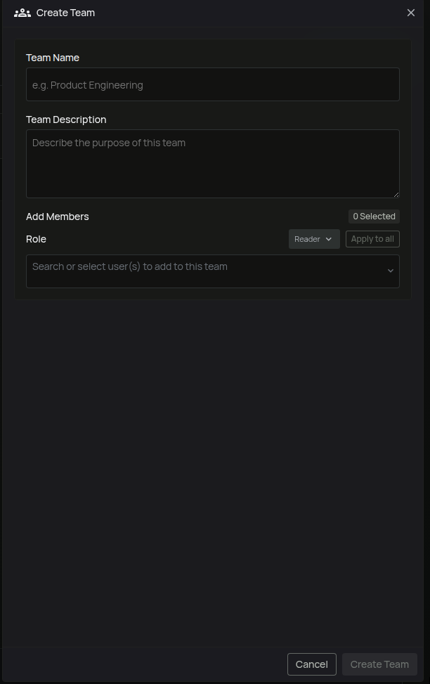 Create Team side panel with name, description, default role, and member selection