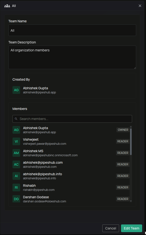 Team detail panel showing team information and members