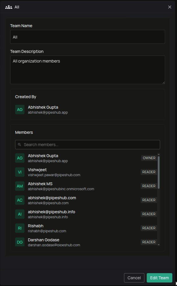 Team detail panel showing team information and members