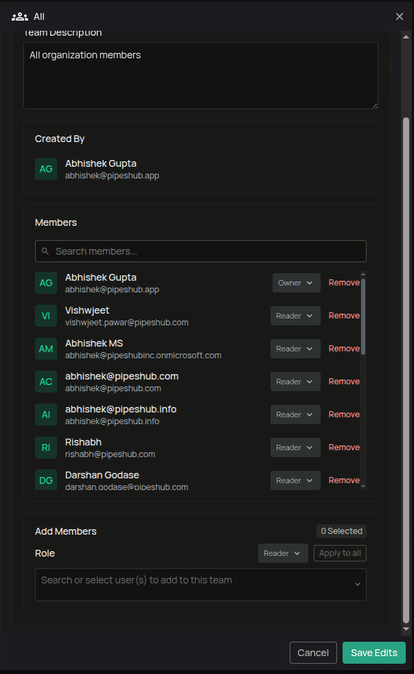 Team detail panel in edit mode with Add Members and per-member role controls