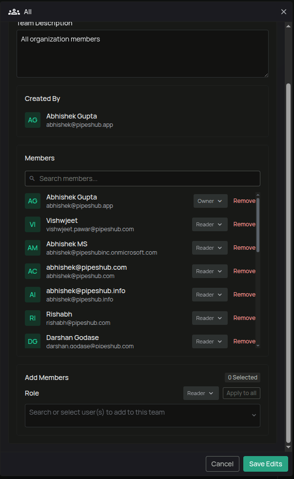 Team detail panel in edit mode with Add Members and per-member role controls