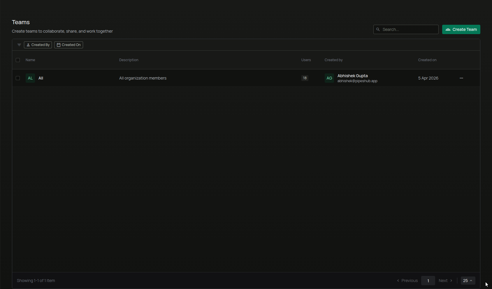 Teams list page with search and filters