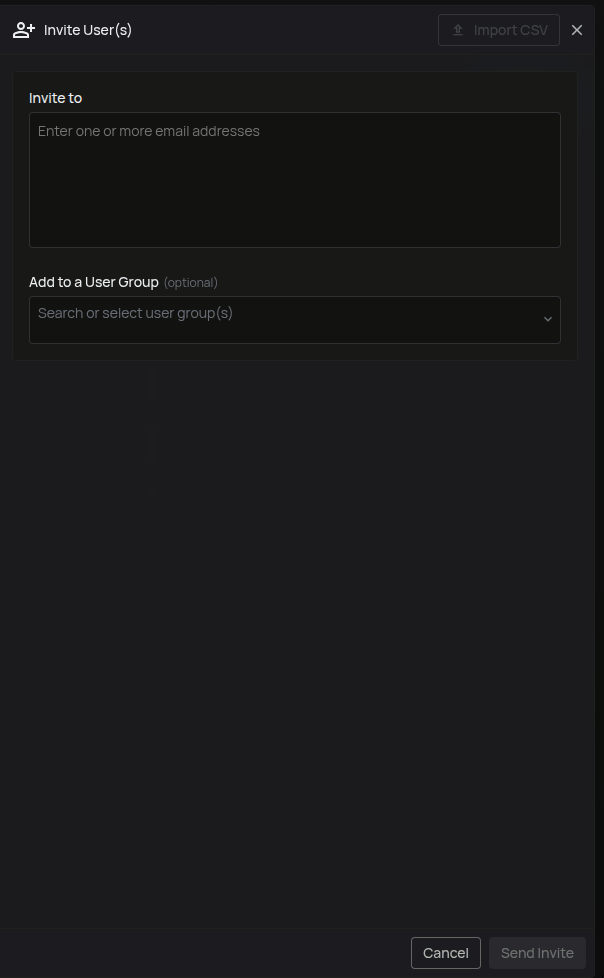 Invite Users panel with email and group selection