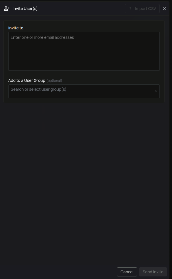 Invite Users panel with email and group selection