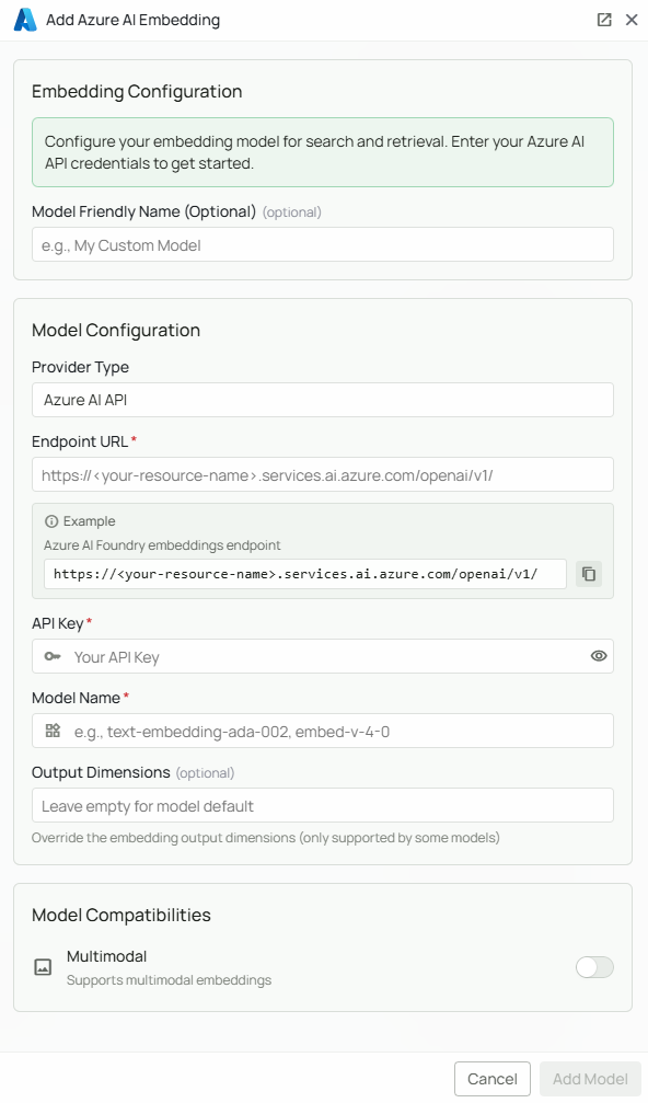 Azure AI Embeddings Configuration Interface