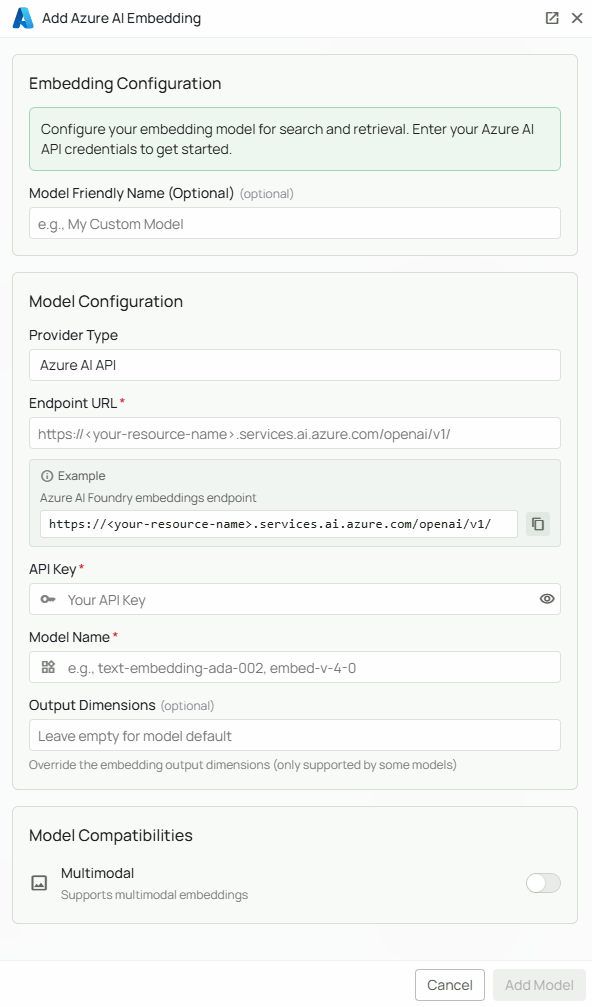 Azure AI Embeddings Configuration Interface