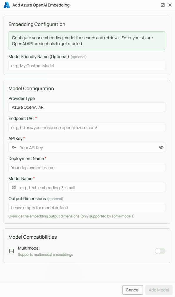 Azure OpenAI Embeddings Configuration Interface