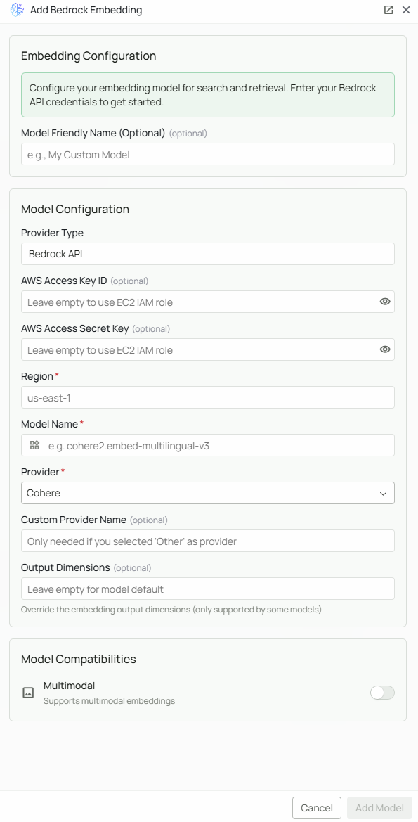 Amazon Bedrock Embeddings Configuration Interface