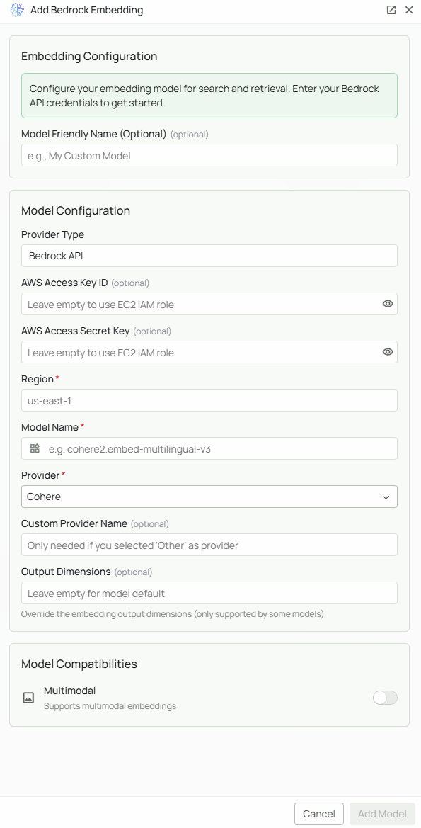 Amazon Bedrock Embeddings Configuration Interface