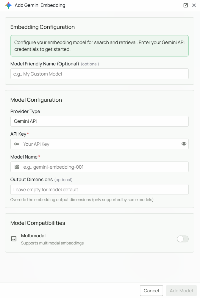 Gemini Embeddings Configuration Interface