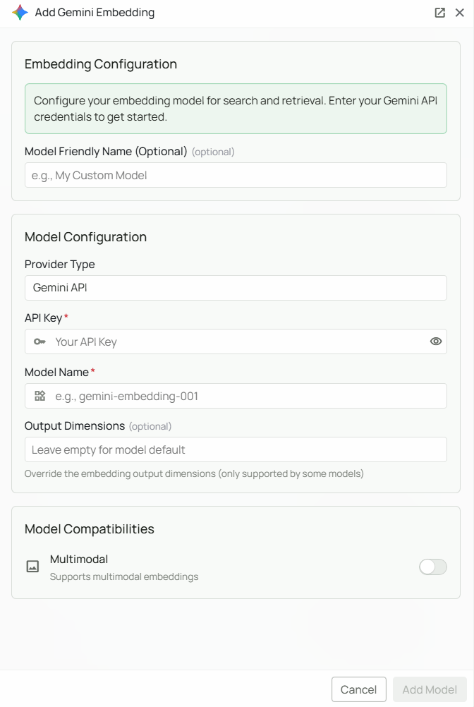 Gemini Embeddings Configuration Interface