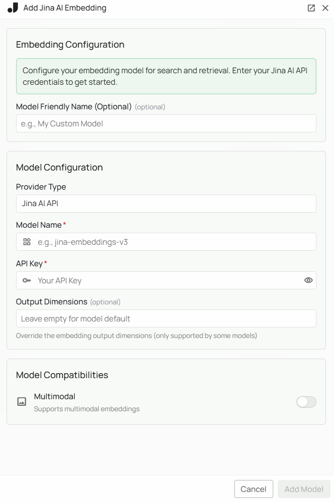 Jina AI Embeddings Configuration Interface