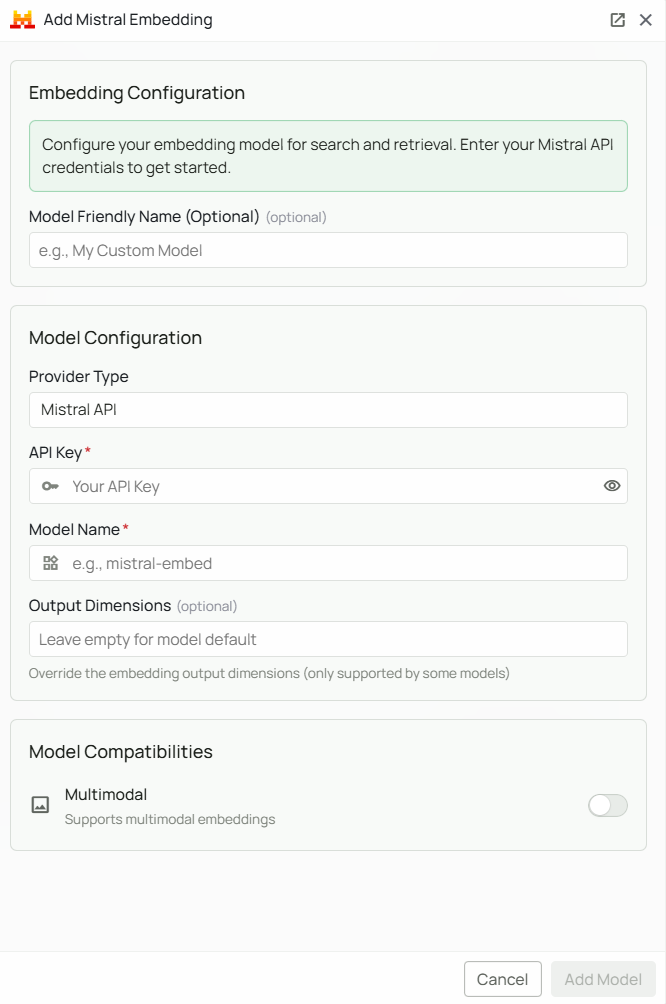 Mistral AI Embeddings Configuration Interface