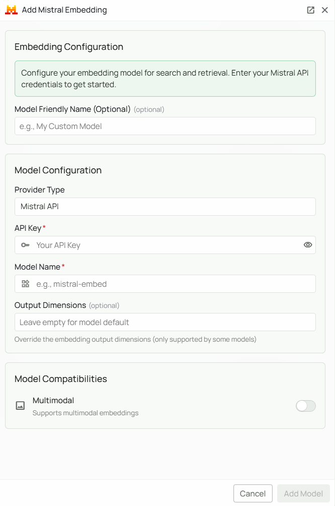 Mistral AI Embeddings Configuration Interface