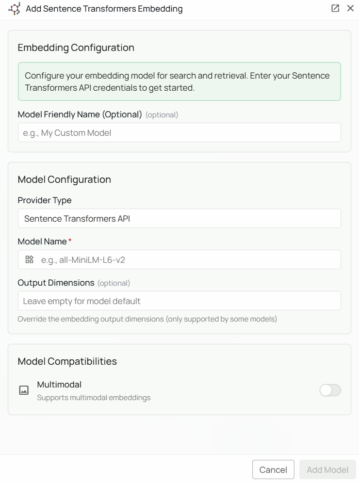 Sentence Transformer Embeddings Configuration Interface