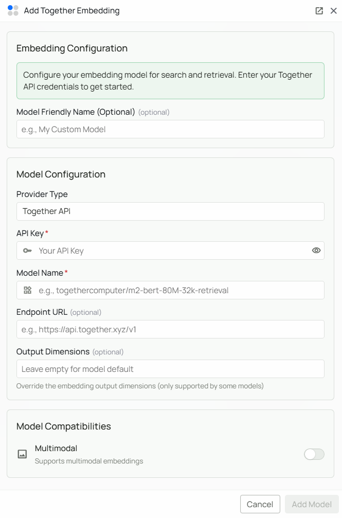 Together AI Embeddings Configuration Interface