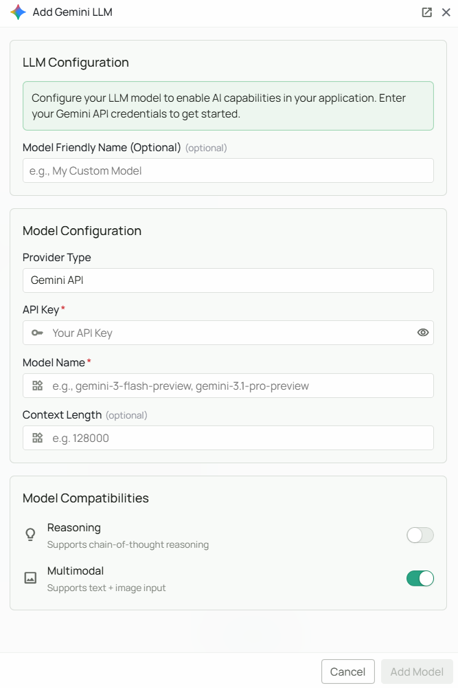Google Gemini Configuration Interface