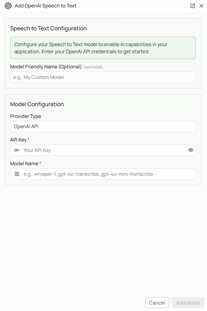 OpenAI STT Configuration Interface