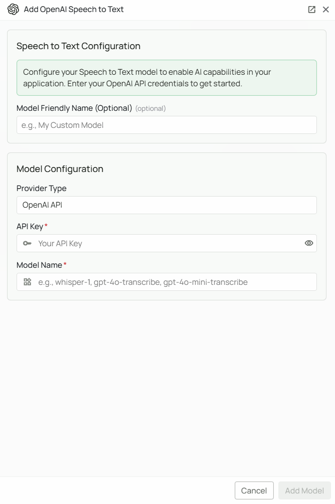 OpenAI STT Configuration Interface