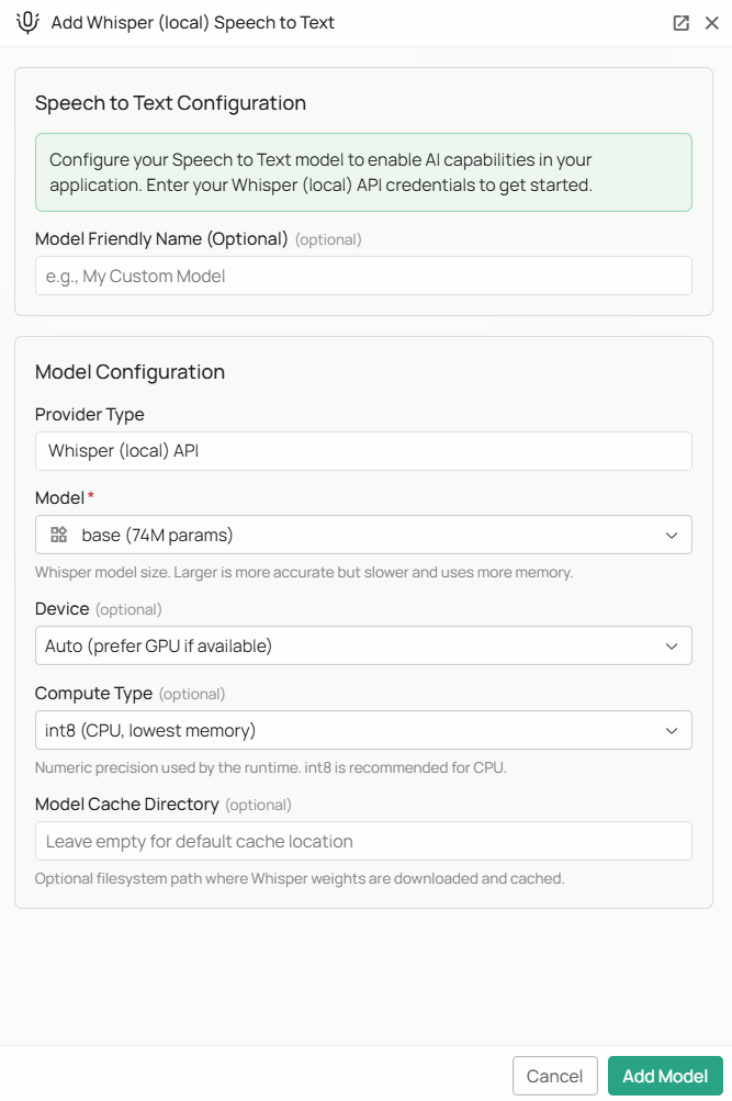 Whisper Local STT Configuration Interface