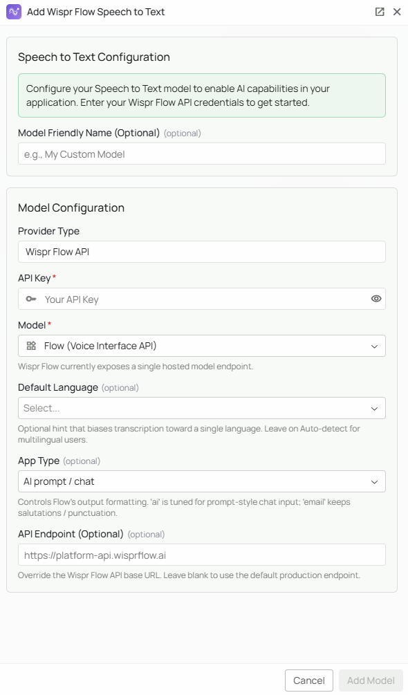 Wispr Flow STT Configuration Interface