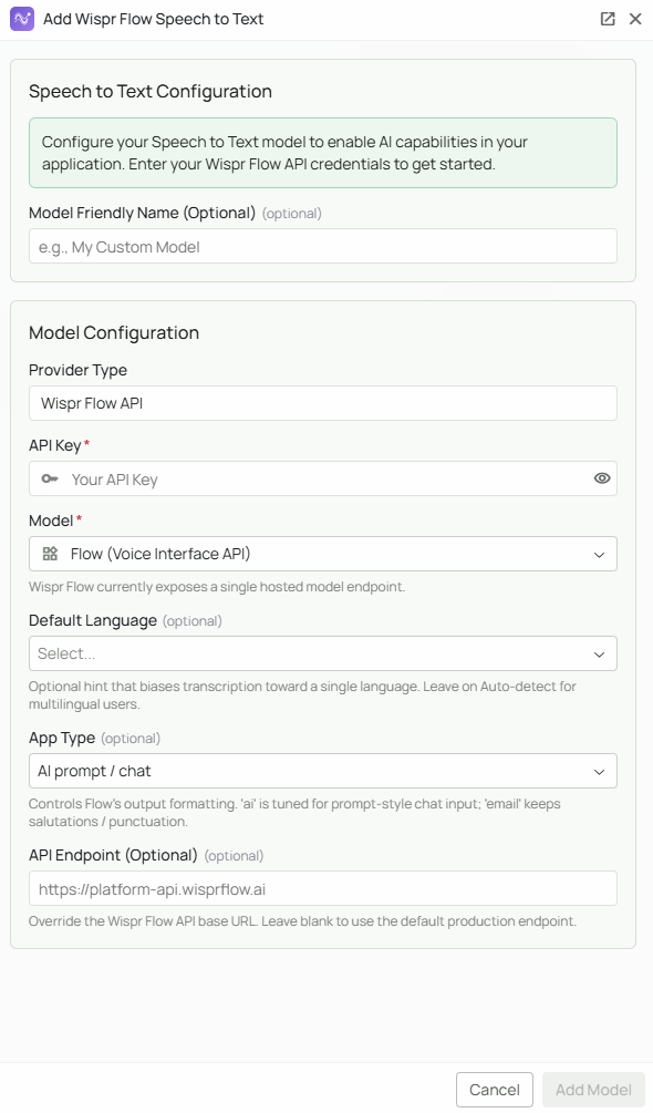Wispr Flow STT Configuration Interface