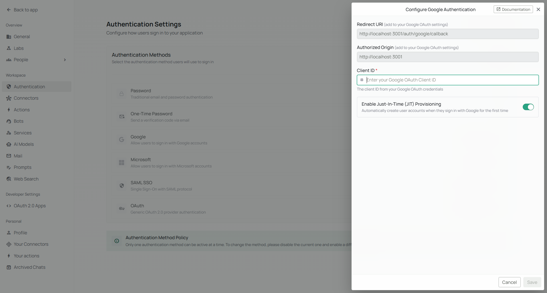 Google configuration Dialog