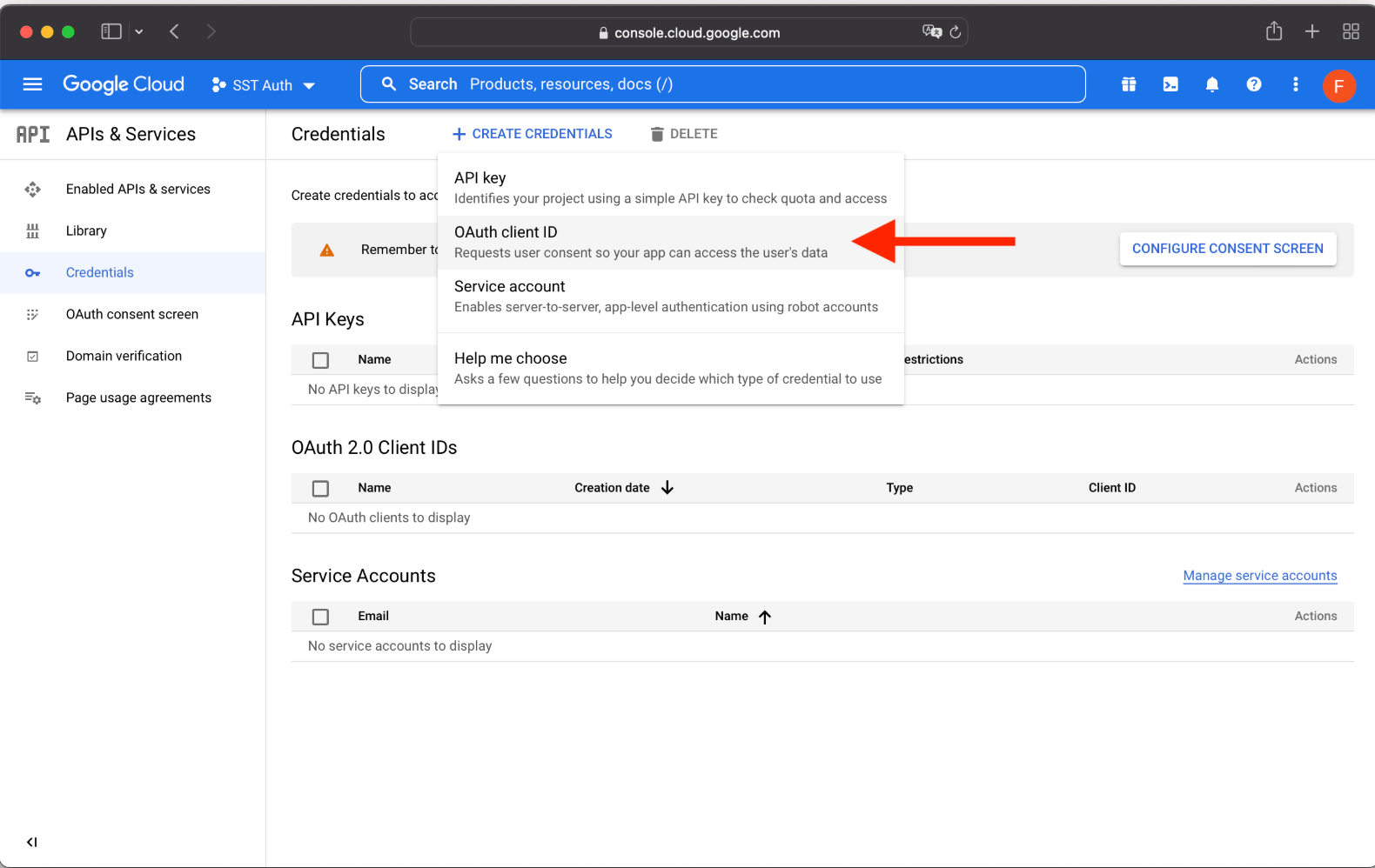 Google create credentials in console