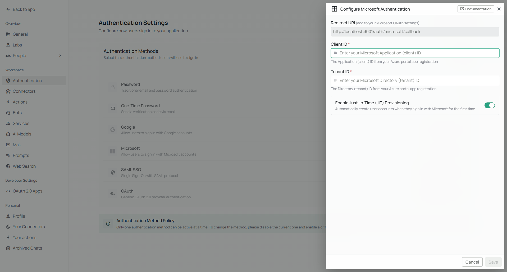 PipesHub Microsoft Configuration Dialog