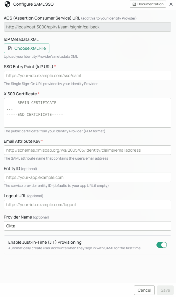 SAML SSO configuration panel