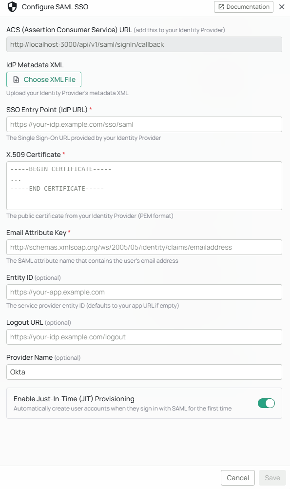 SAML SSO configuration panel