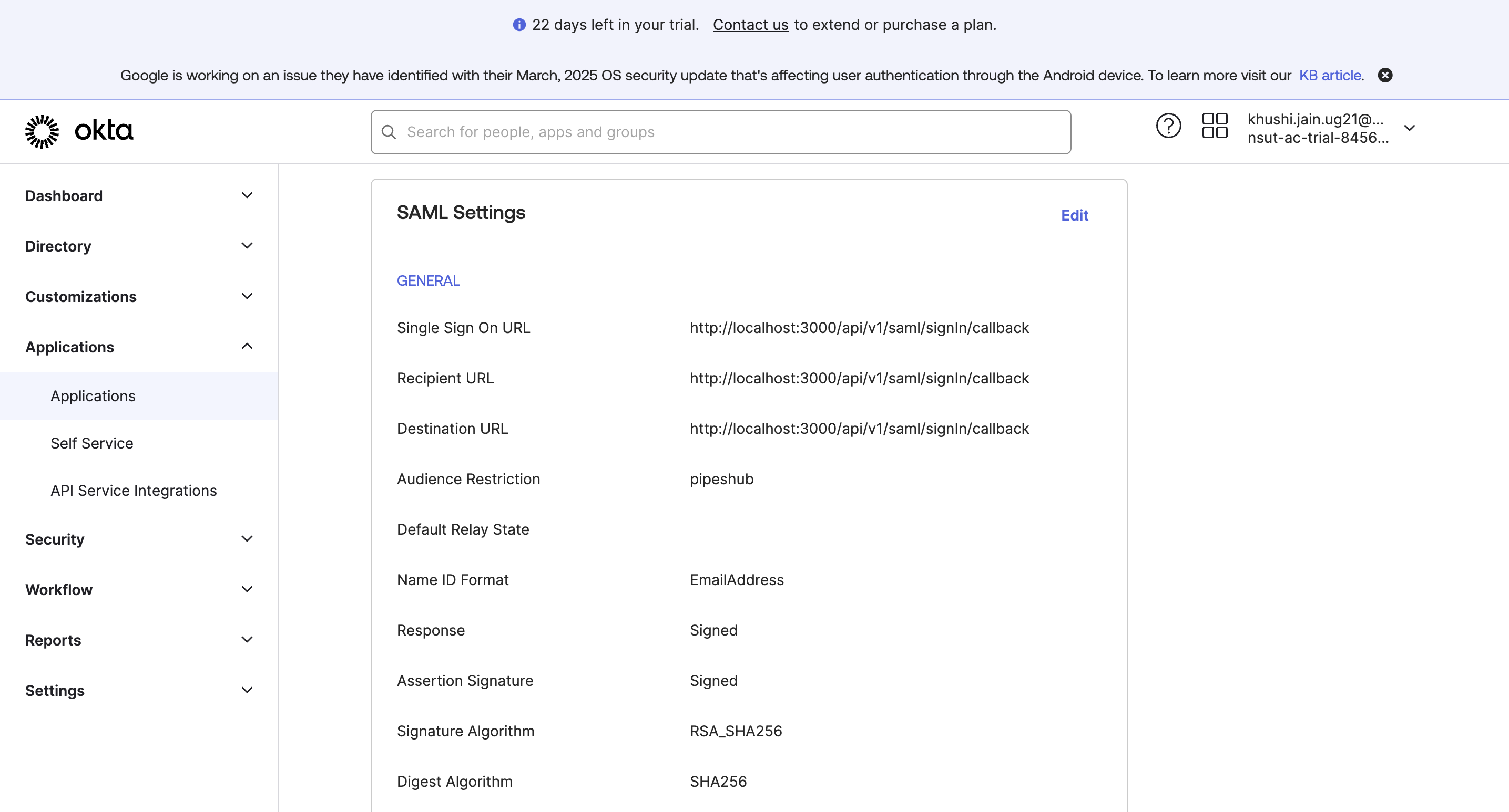 SAML ACS URL configuration in Okta
