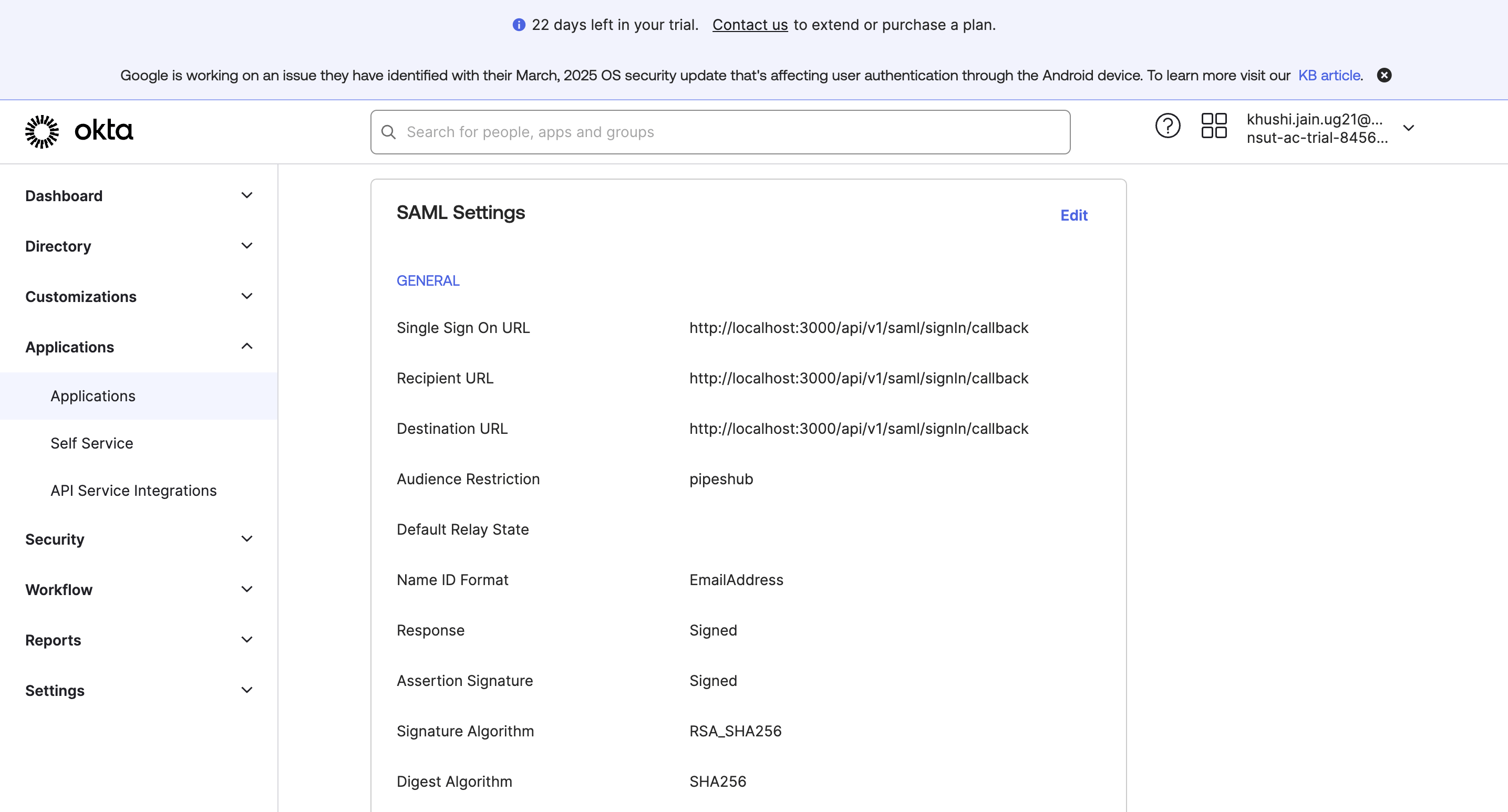SAML ACS URL configuration in Okta