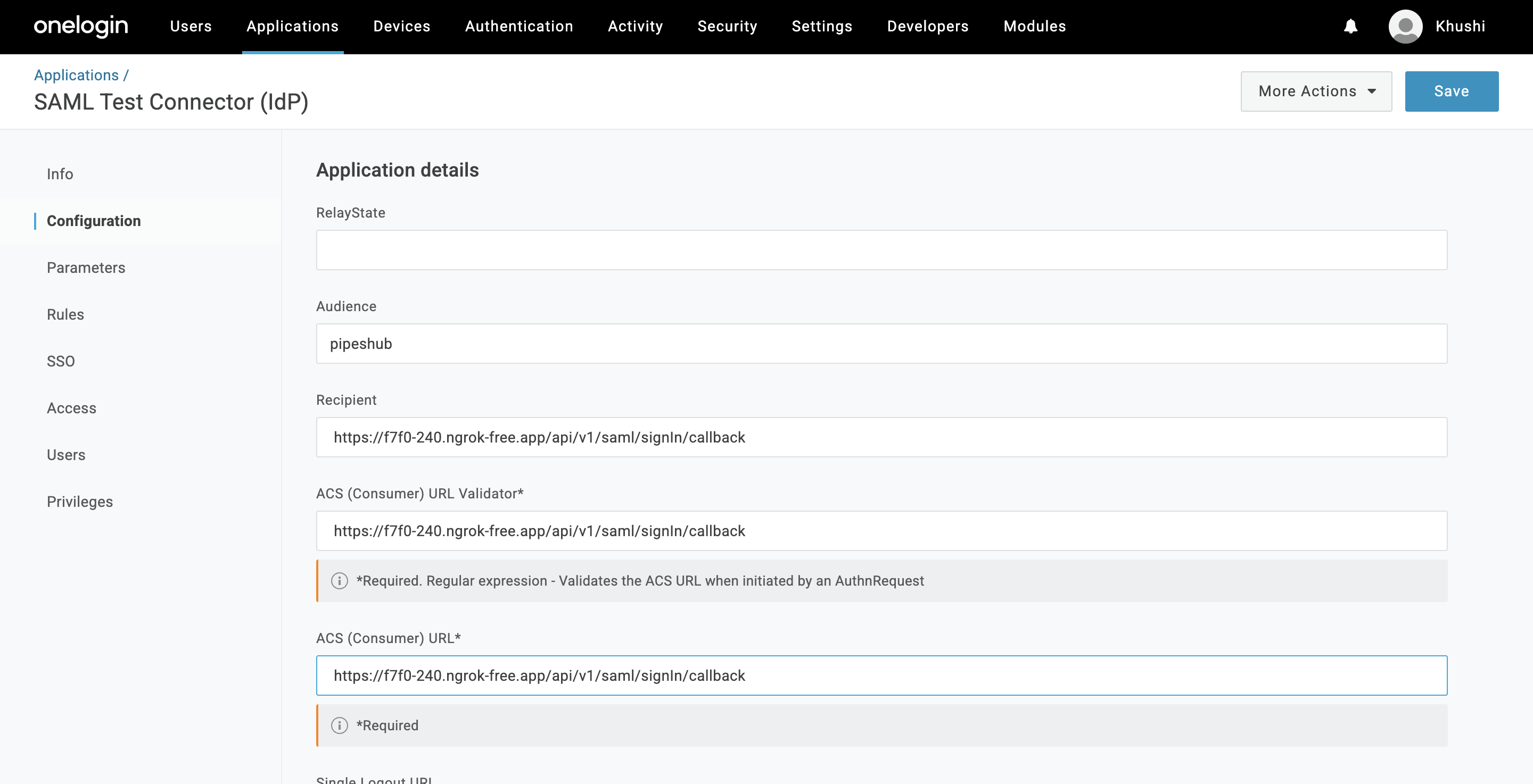 SAML ACS URL configuration in OneLogin