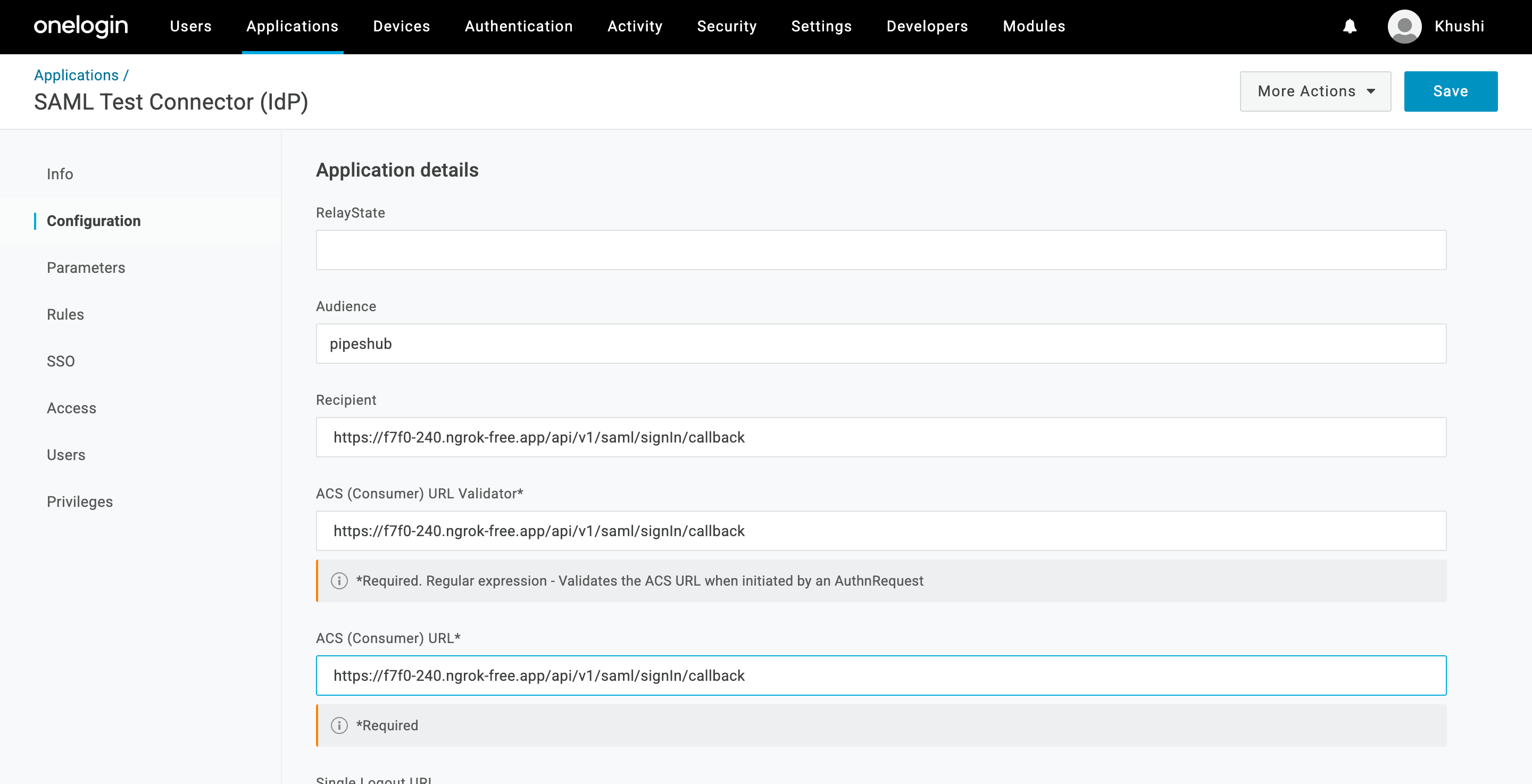 SAML ACS URL configuration in OneLogin