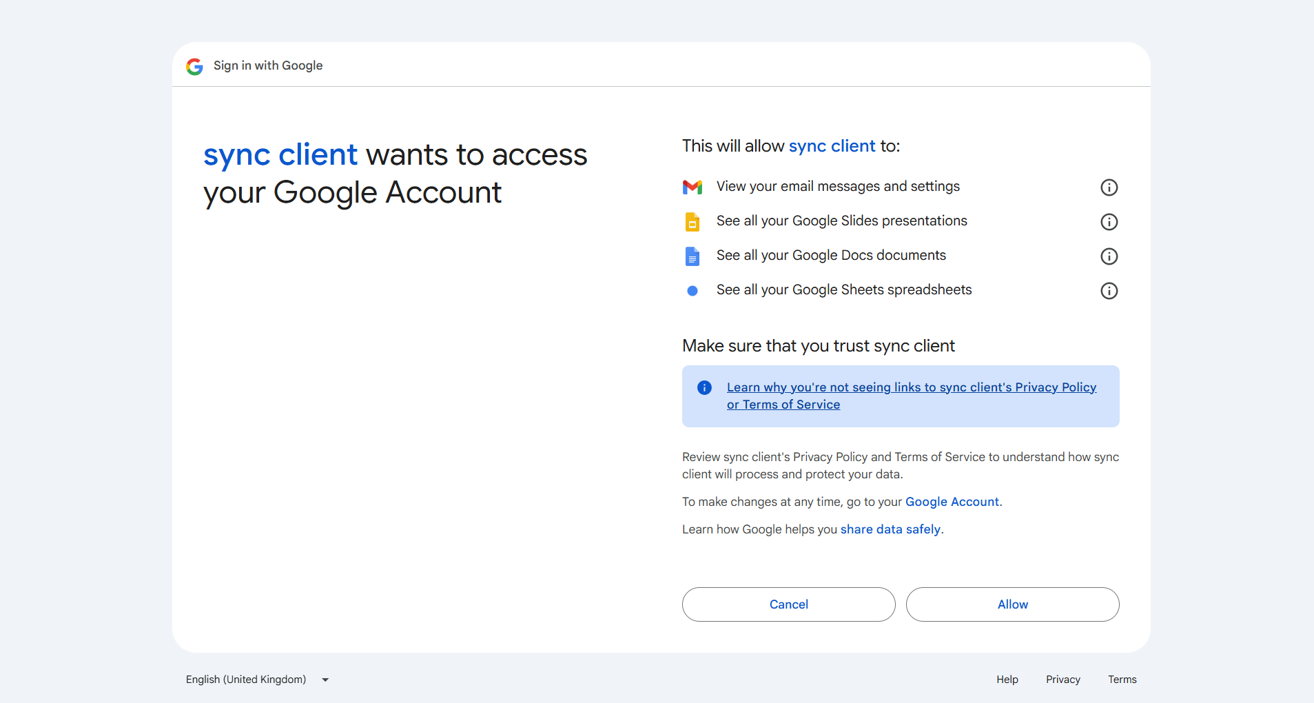 Google Authorization Screen