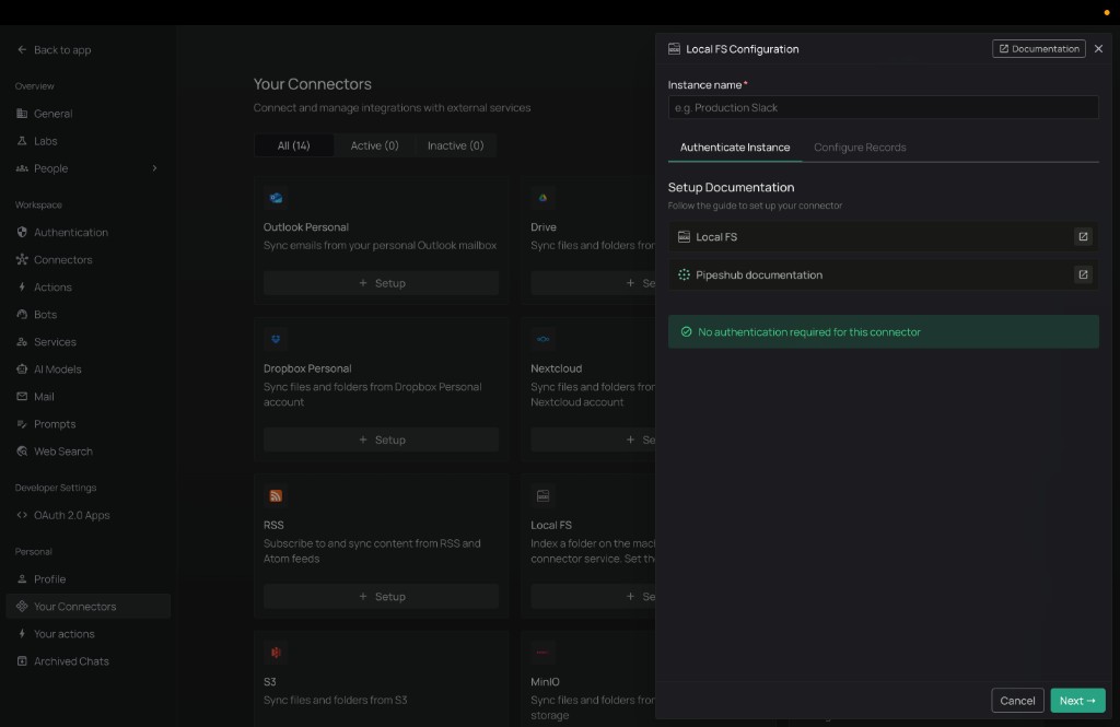 Authenticate Instance tab — no credentials needed