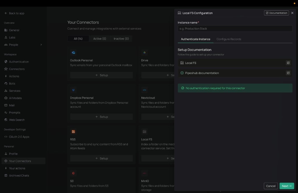 Authenticate Instance tab — no credentials needed