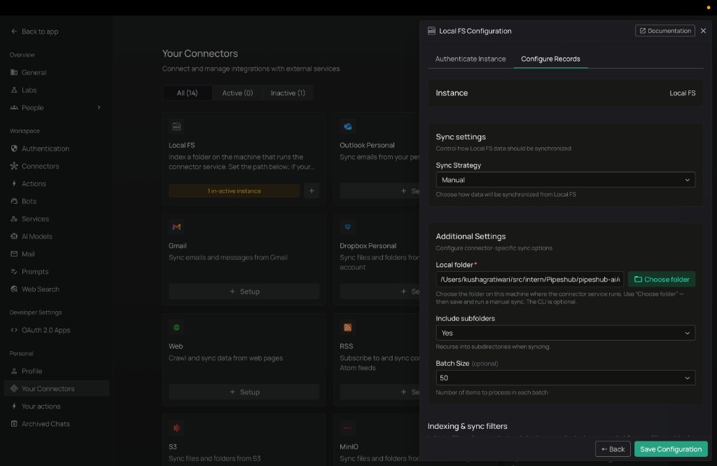 Configure Records tab with Sync settings and the Local folder field
