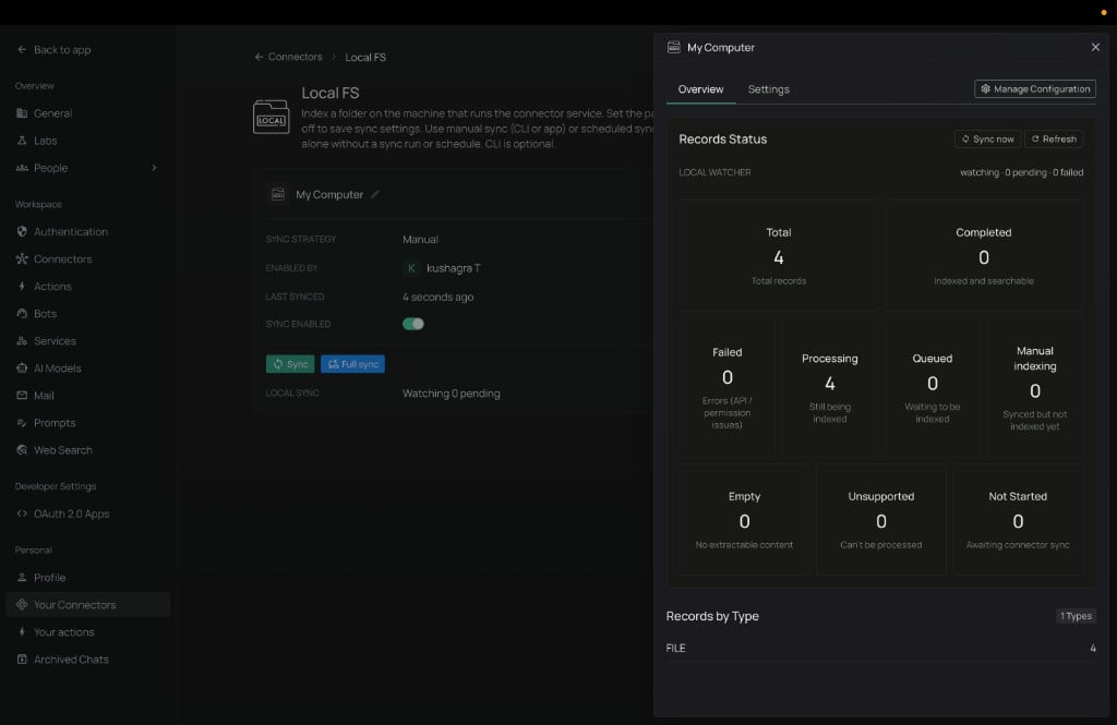 Overview panel with record stats and sync actions