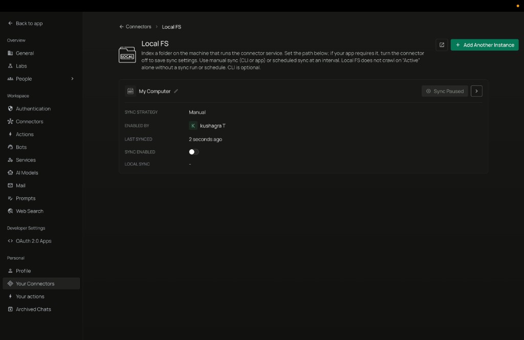 Local FS instance row with Sync Enabled toggle