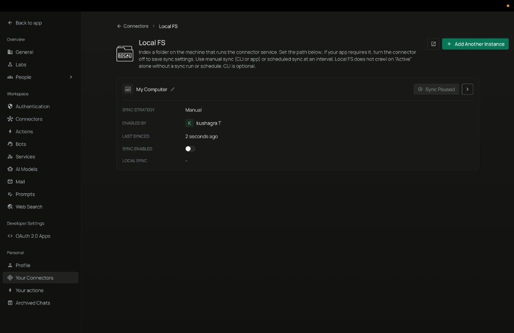 Local FS instance row with Sync Enabled toggle